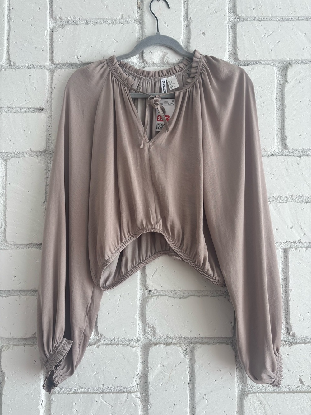 H&M Taupe Cropped Long-Sleeve Blouse